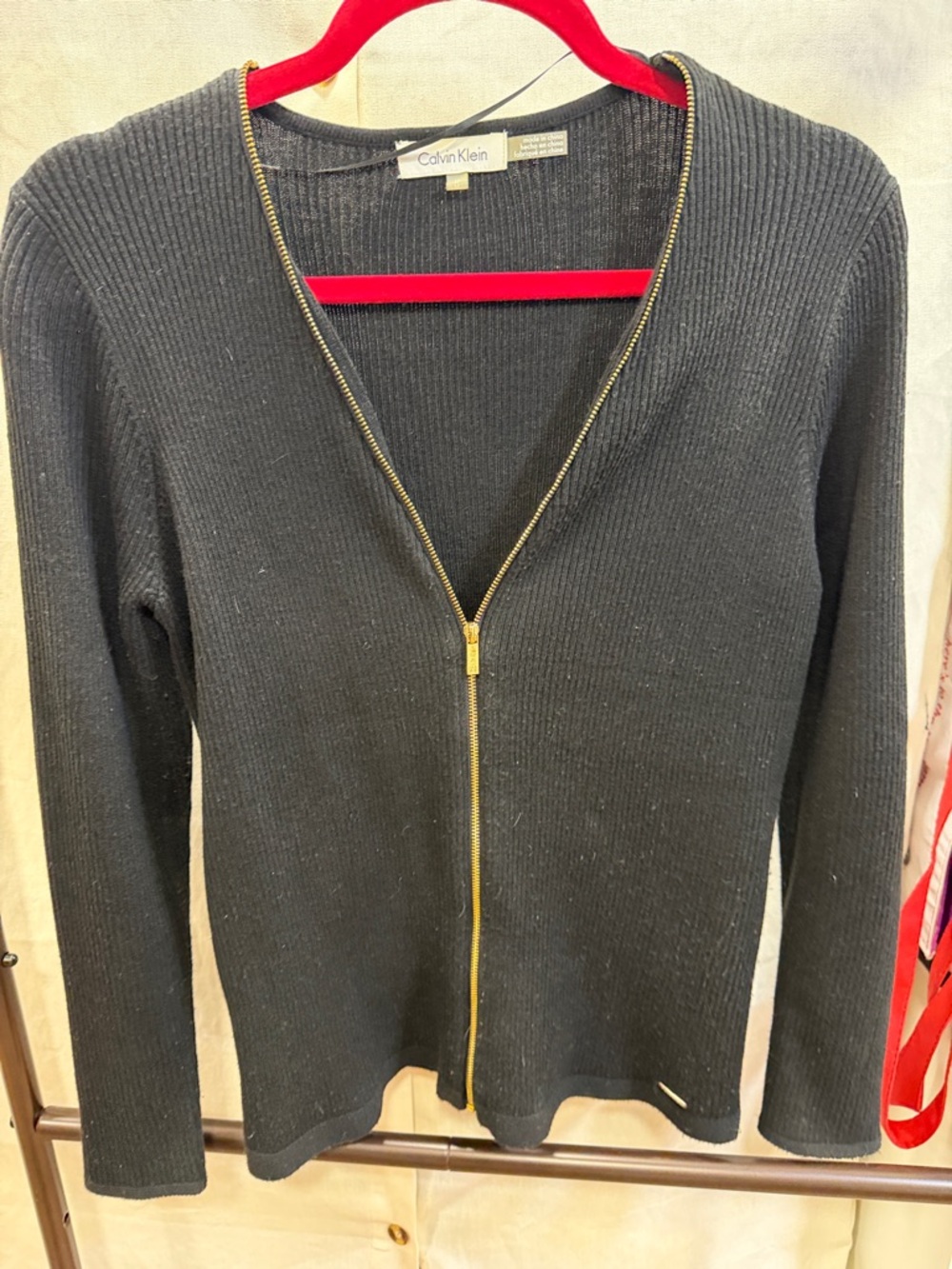 Calvin Klein Black Ribbed V-Neck Zip Cardigan with Gold Zipper